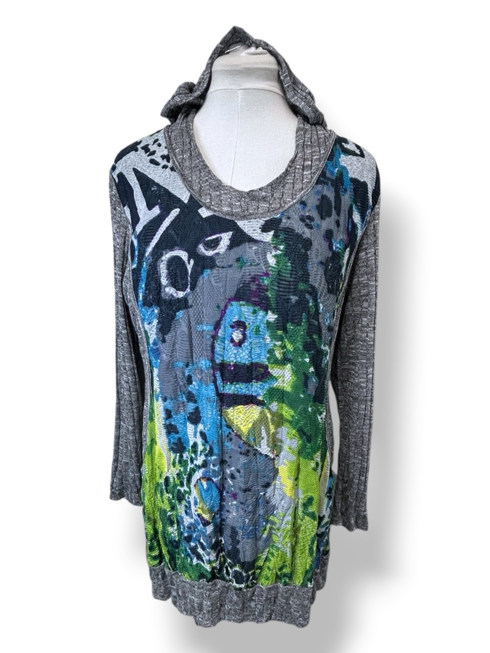Elysee 26 Women’s Tunic Sweater Hoodie Abstract Artsy Gray/Blue/Green/Yellow L